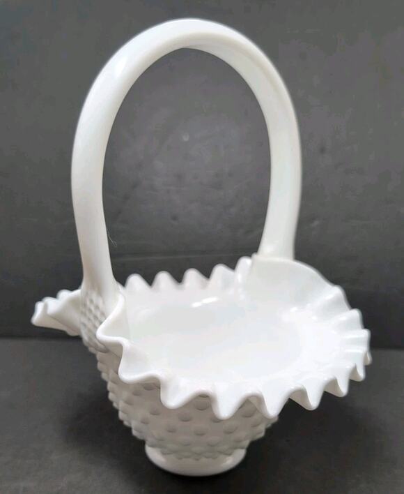 Fenton Other - Vintage Fenton Art Glass Milk Glass Hobnail Crimped Basket Candy Dish Handle